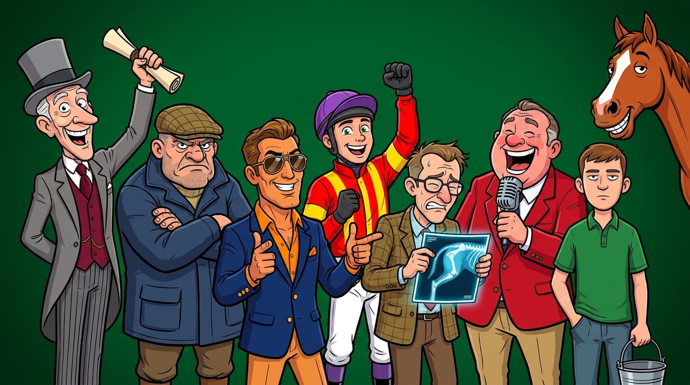 The Stable Manager cast: owners, trainers, jockeys, a vet and a grinning racehorse