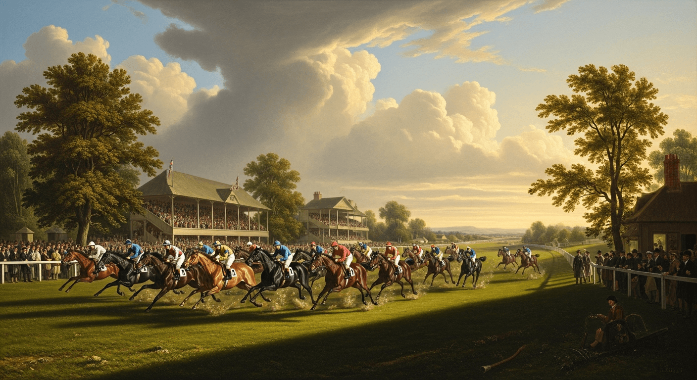 Thoroughbred horses racing in the style of a George Stubbs oil painting