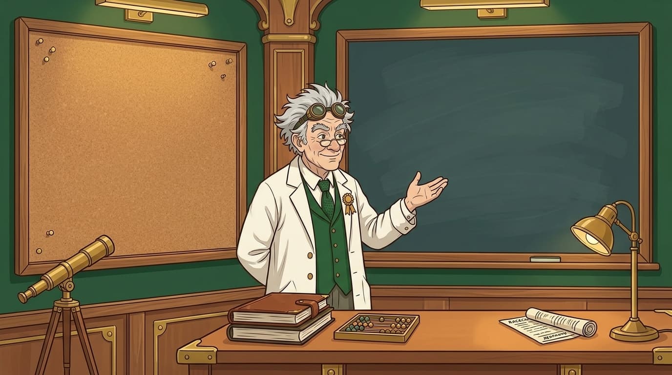 Professor Furlong stands beside an empty leaderboard corkboard, waiting for its first challenger