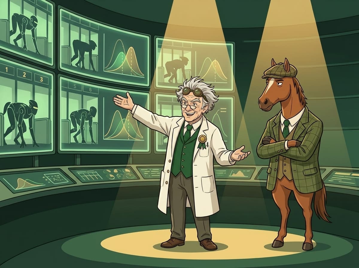 Professor Furlong presenting a wall of AI tipsters and a leaderboard, with Pascal the horse looking on